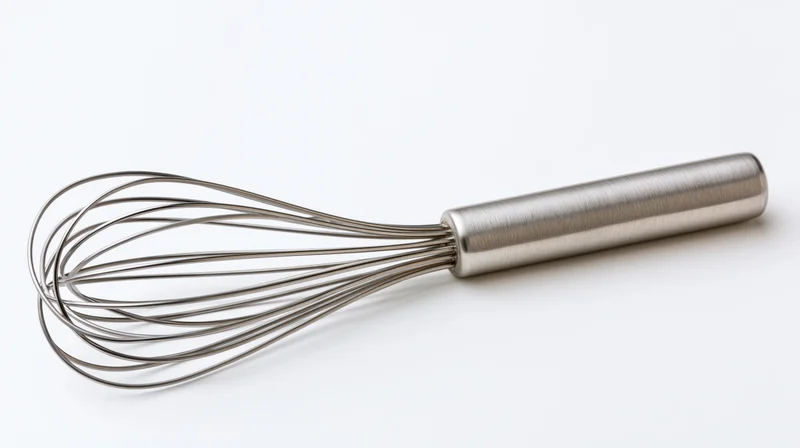 Stainless steel balloon whisk lying diagonally on white background