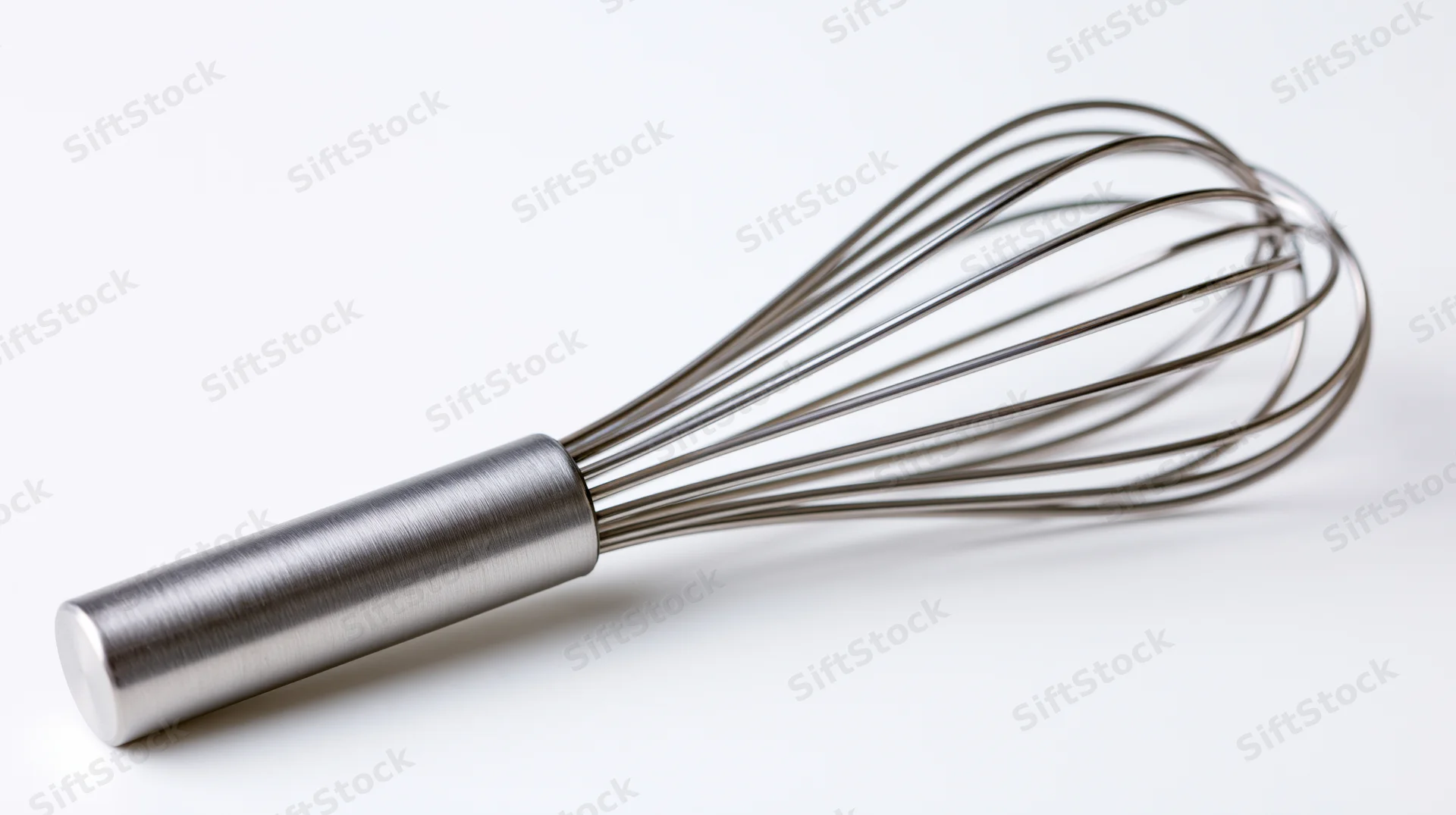 Stainless steel balloon whisk lying diagonally on white surface