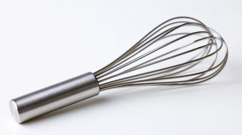 Stainless steel balloon whisk lying diagonally on white surface
