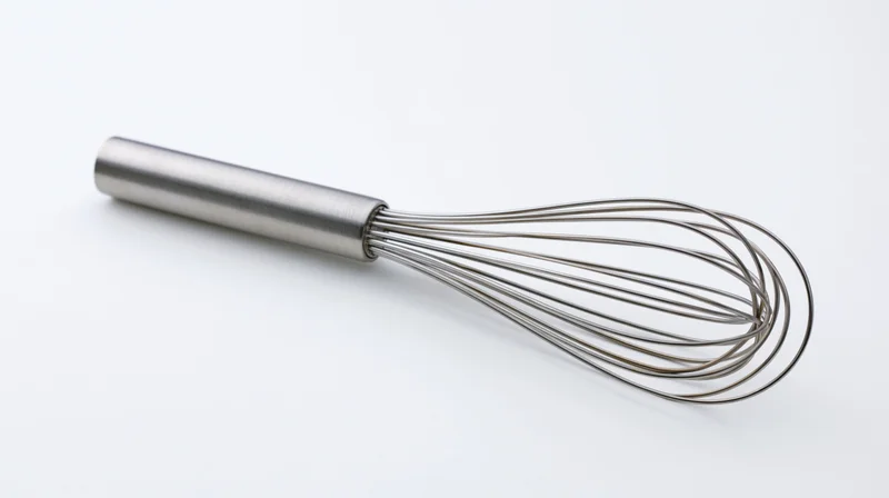 Stainless steel balloon whisk lying diagonally on white background