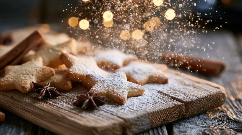 Star-shaped shortbread cookies dusted with powdered sugar on a wooden cutting board with cinnamon sticks and star anise, warm bokeh lights in background