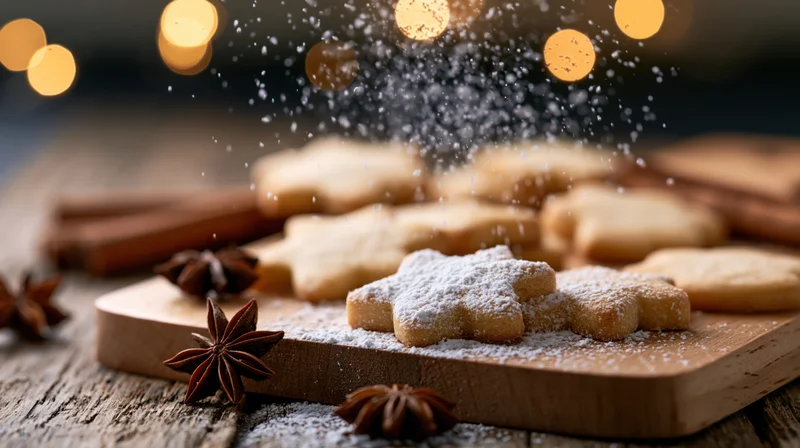 Star-shaped shortbread cookies dusted with powdered sugar on a wooden cutting board with cinnamon sticks and star anise around