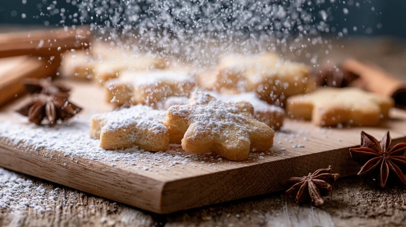 Star-shaped shortbread cookies being dusted with powdered sugar on a wooden cutting board surrounded by star anise and cinnamon sticks