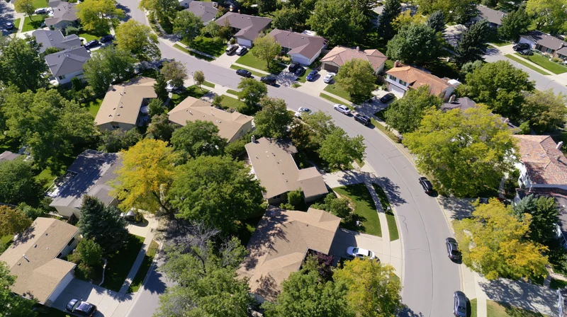 Aerial view of a suburban neighborhood with houses, trees, and winding streets