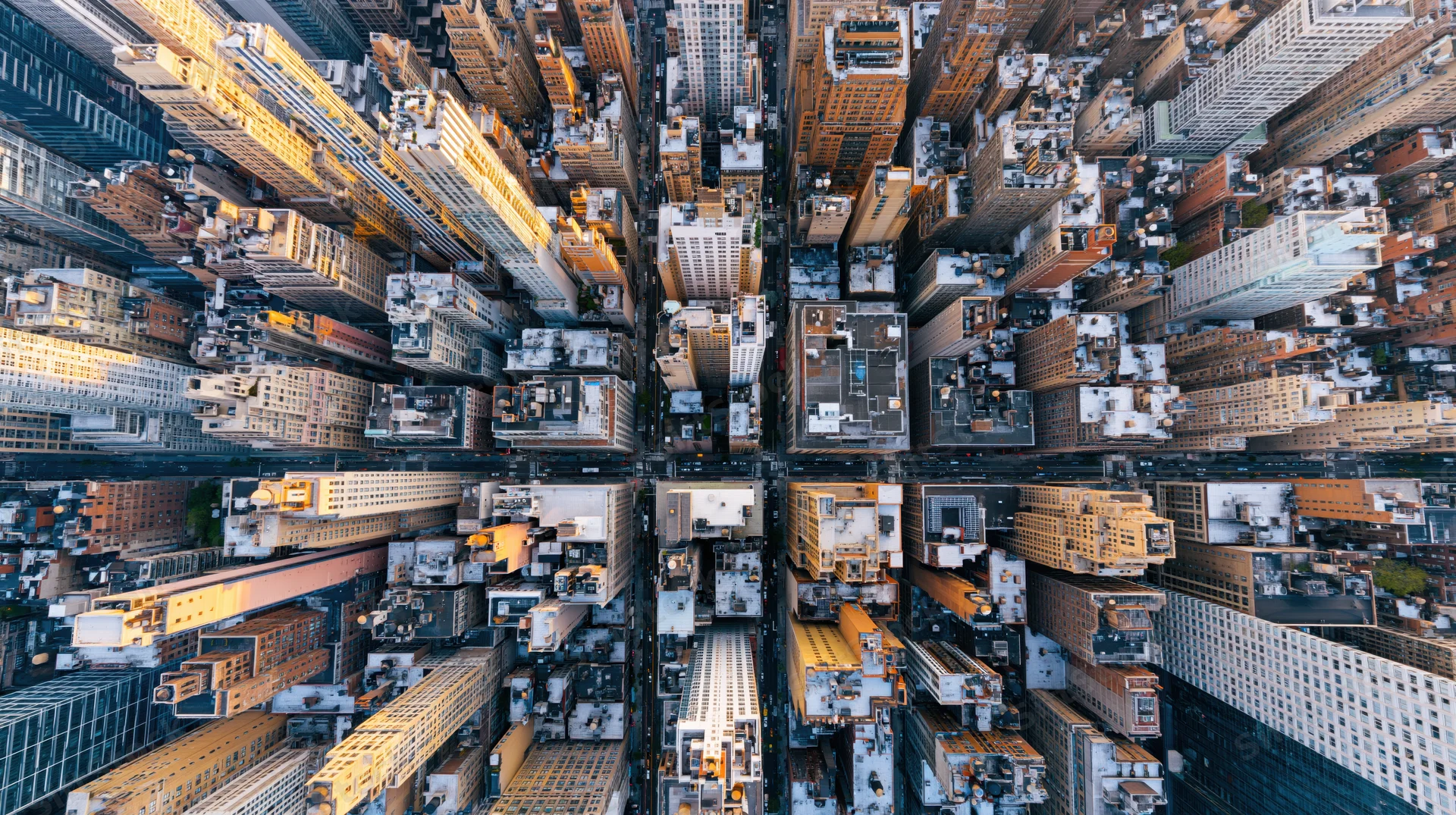 Straight-down aerial view of dense manhattan skyscrapers and streets forming a grid pattern