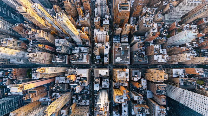 Straight-down aerial view of dense manhattan skyscrapers and streets forming a grid pattern
