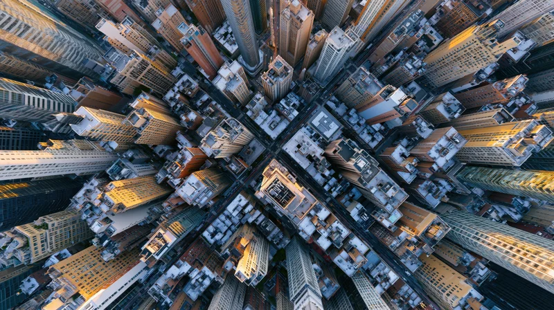 Straight-down aerial view of dense manhattan skyscrapers and streets forming a grid pattern