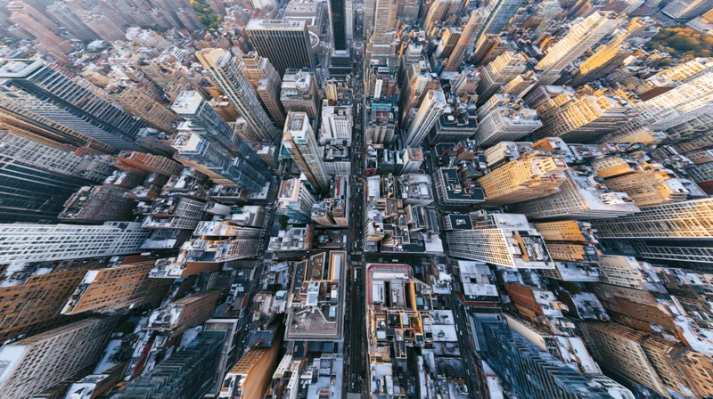 Straight-down aerial view of dense manhattan skyscrapers and streets forming a grid pattern