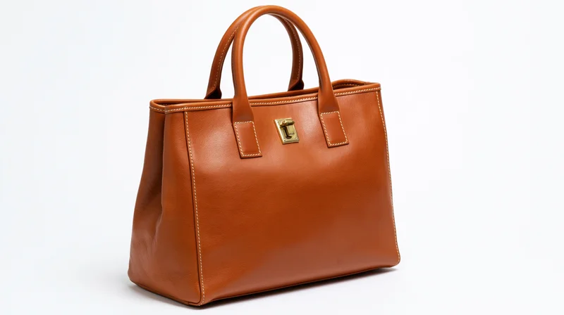 Tan leather tote handbag with gold clasp and stitched handles on white background