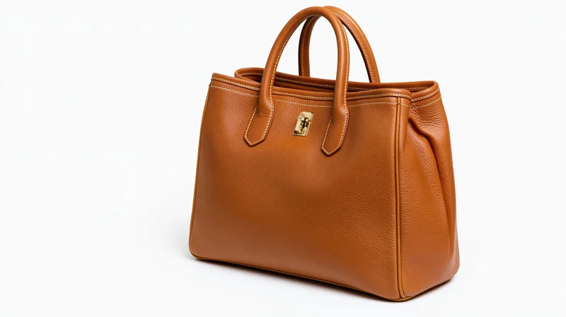 Tan leather tote handbag with gold clasp on white background