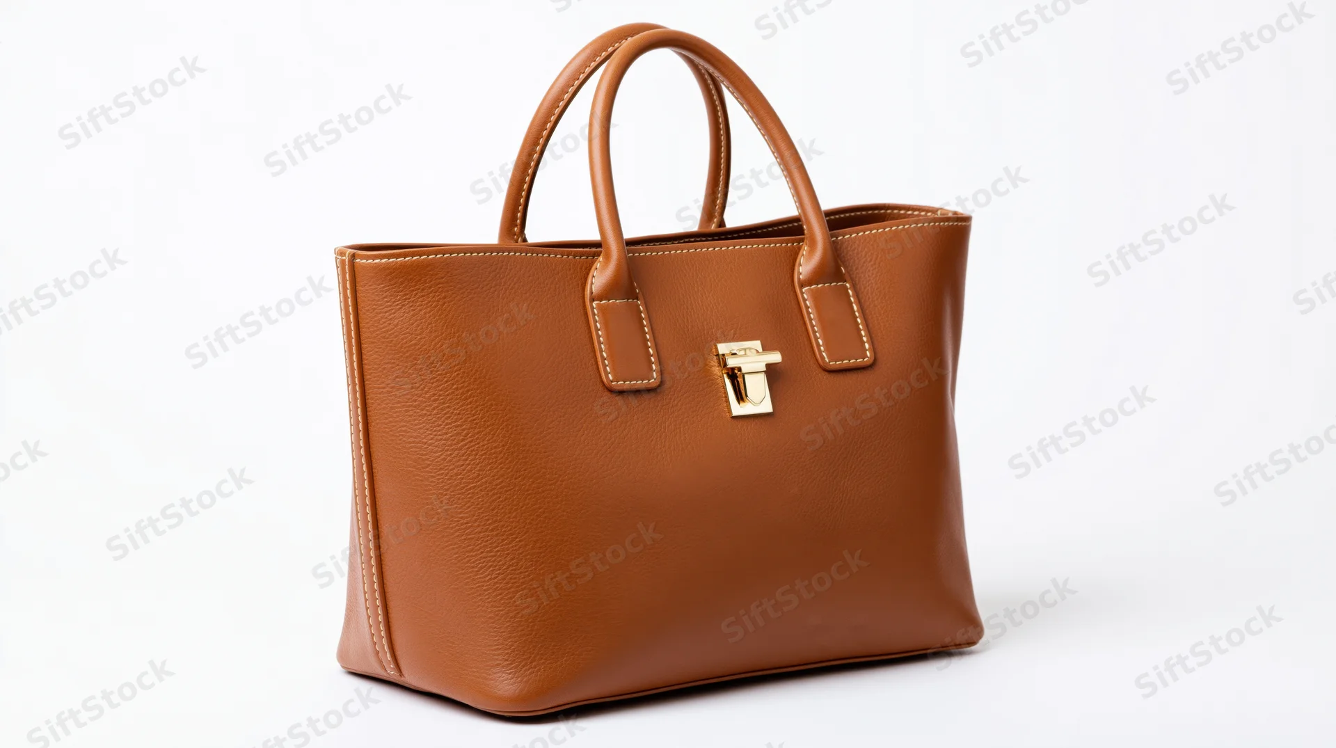 Tan leather tote handbag with gold clasp on white background