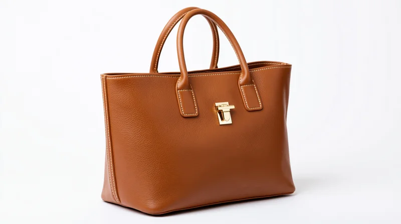Tan leather tote handbag with gold clasp on white background