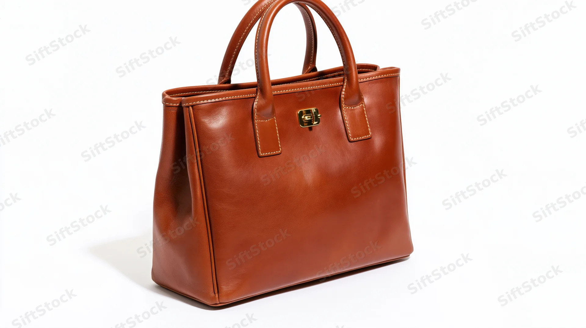 Tan leather tote handbag with top handles and gold clasp on white background