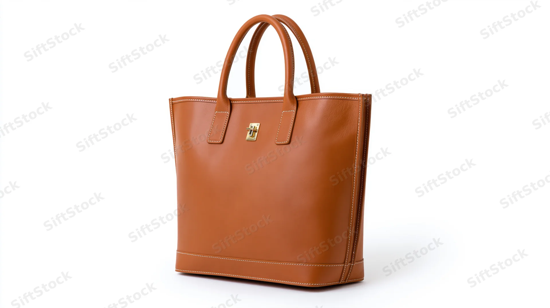 Tan leather tote bag with gold clasp and stitched edges on white background