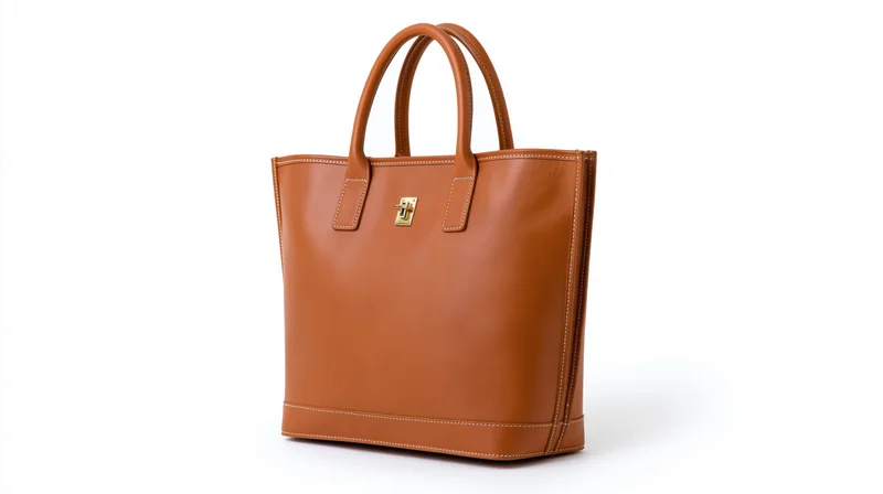 Tan leather tote bag with gold clasp and stitched edges on white background