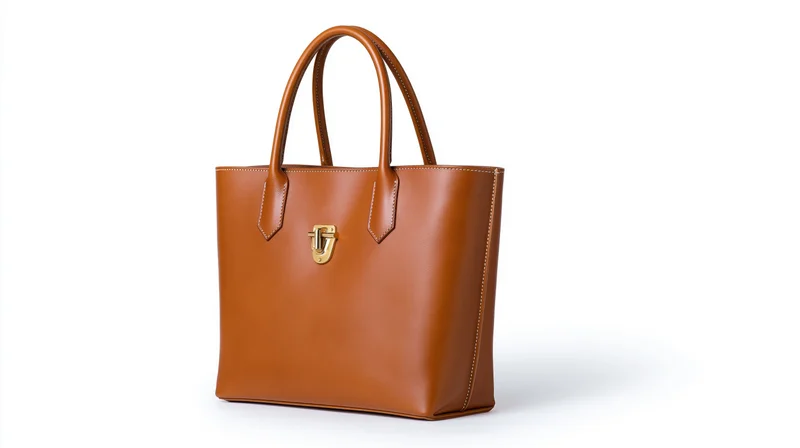 Structured tan leather tote bag for women photographed on white background