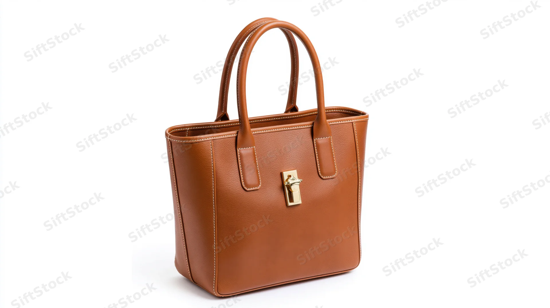 Structured tan leather tote bag with gold clasp on white background