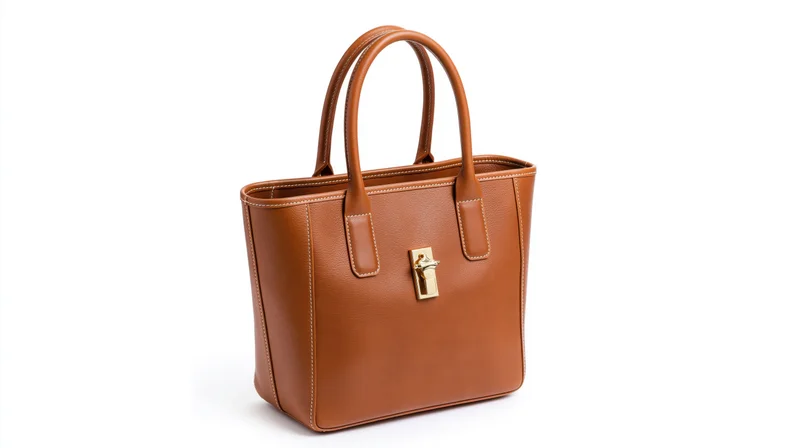 Structured tan leather tote bag with gold clasp on white background