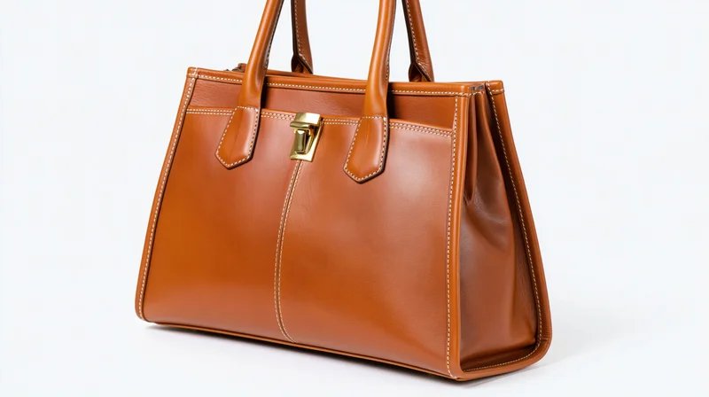 Tan leather tote bag with gold clasp and stitching on white background