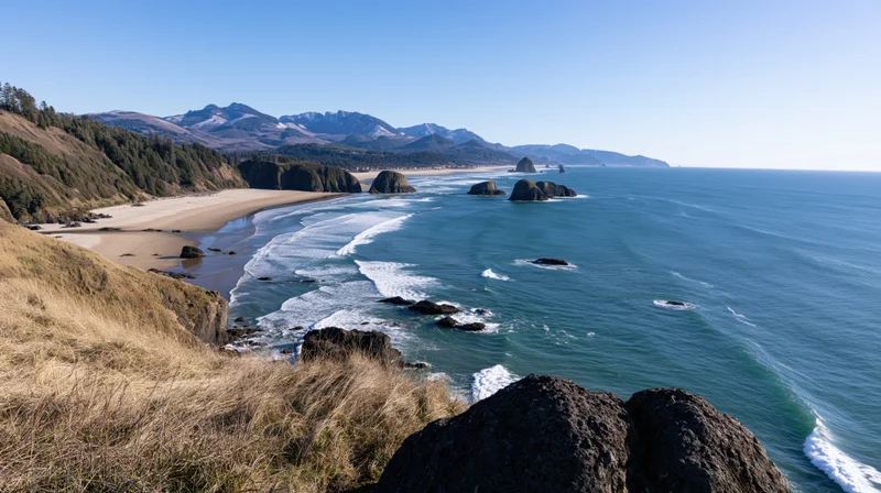 Sweeping view of a curved pacific northwest coastline with waves breaking on sandy beach and rocky cliffs under clear blue sky