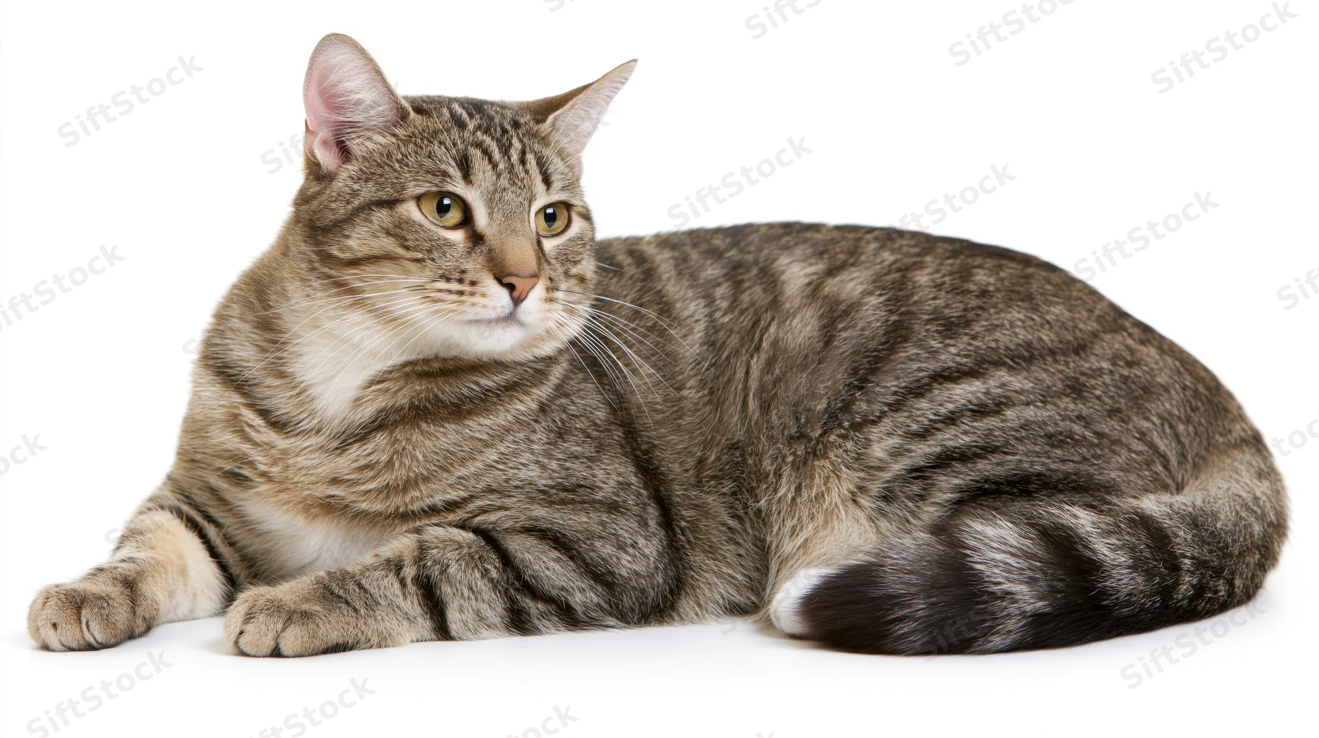 Tabby cat lying down with head slightly raised on white background