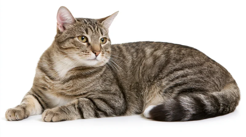 Tabby cat lying down with head slightly raised on white background