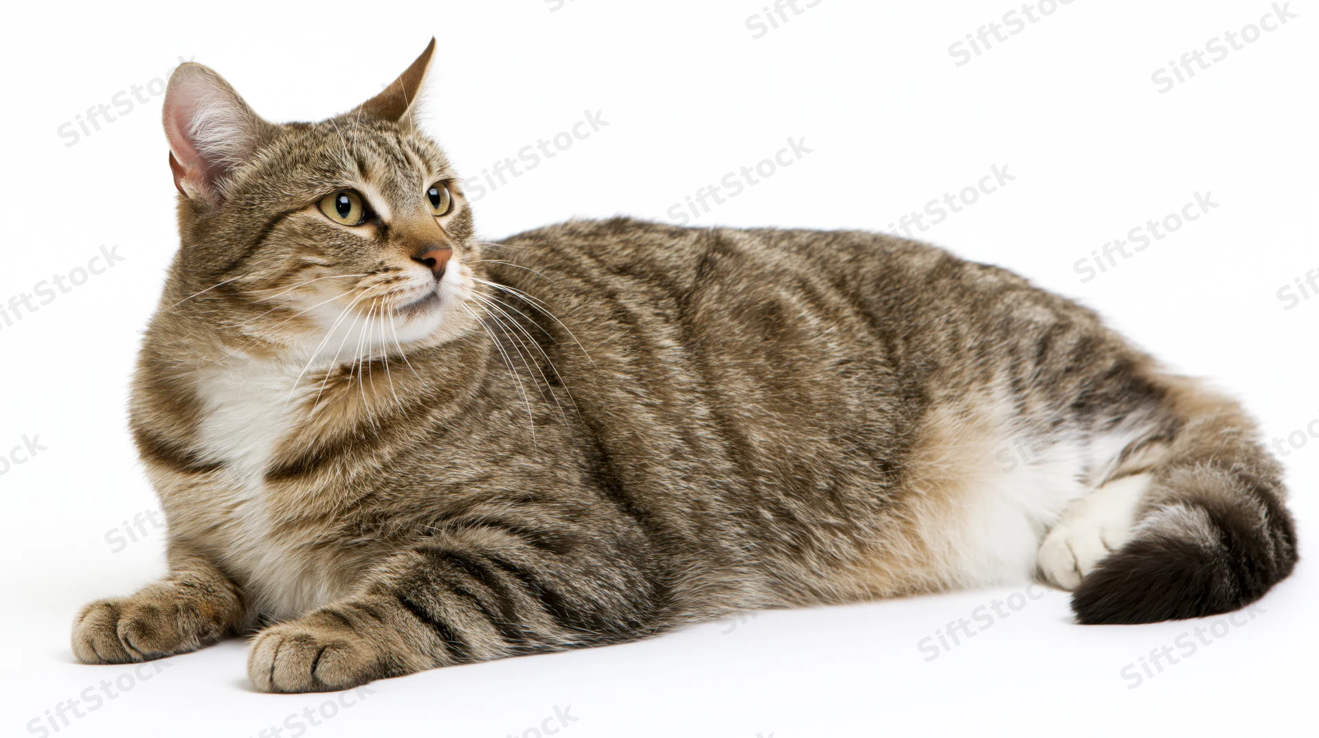 Tabby cat lying down with head raised on white background