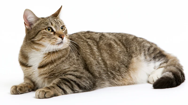 Tabby cat lying down with head raised on white background