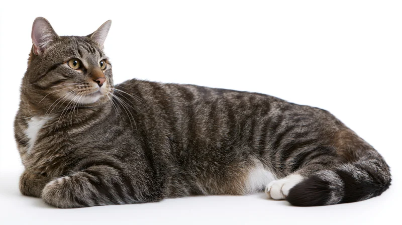 Tabby cat lying down with head raised on white background