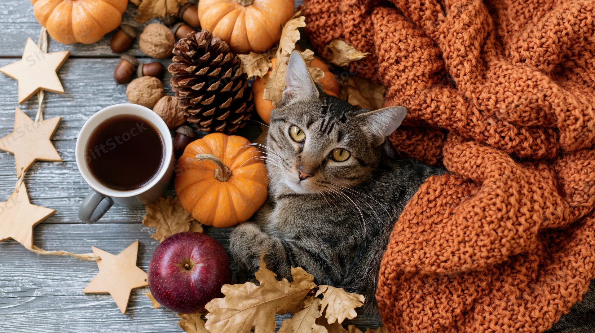 Tabby cat resting among autumn harvest decorations on wooden table with coffee mug and knit blanket
