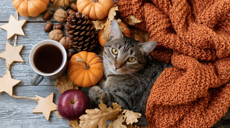 Tabby cat resting among autumn harvest decorations on wooden table with coffee mug and knit blanket