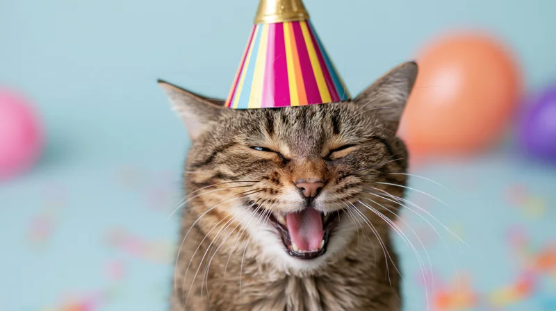 Tabby cat wearing colorful party hat with mouth open in front of balloons and confetti on blue background