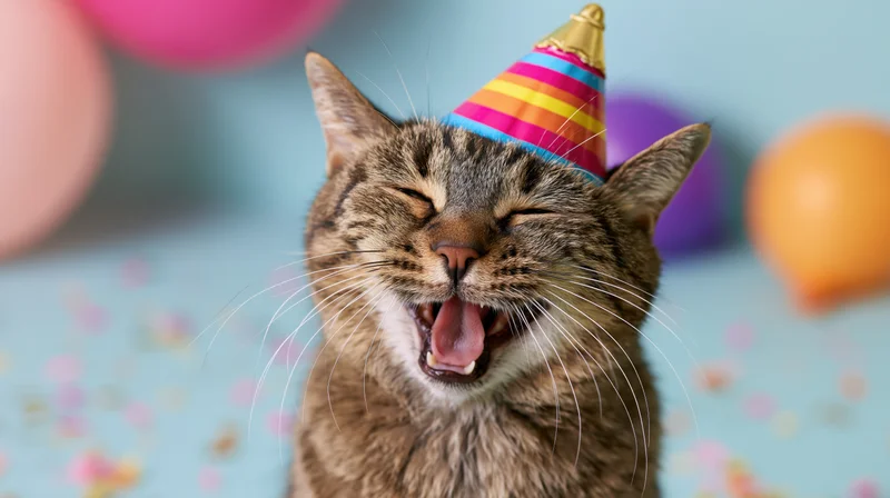 Tabby cat wearing colorful striped party hat with mouth open in joyful expression against festive background with balloons and confetti