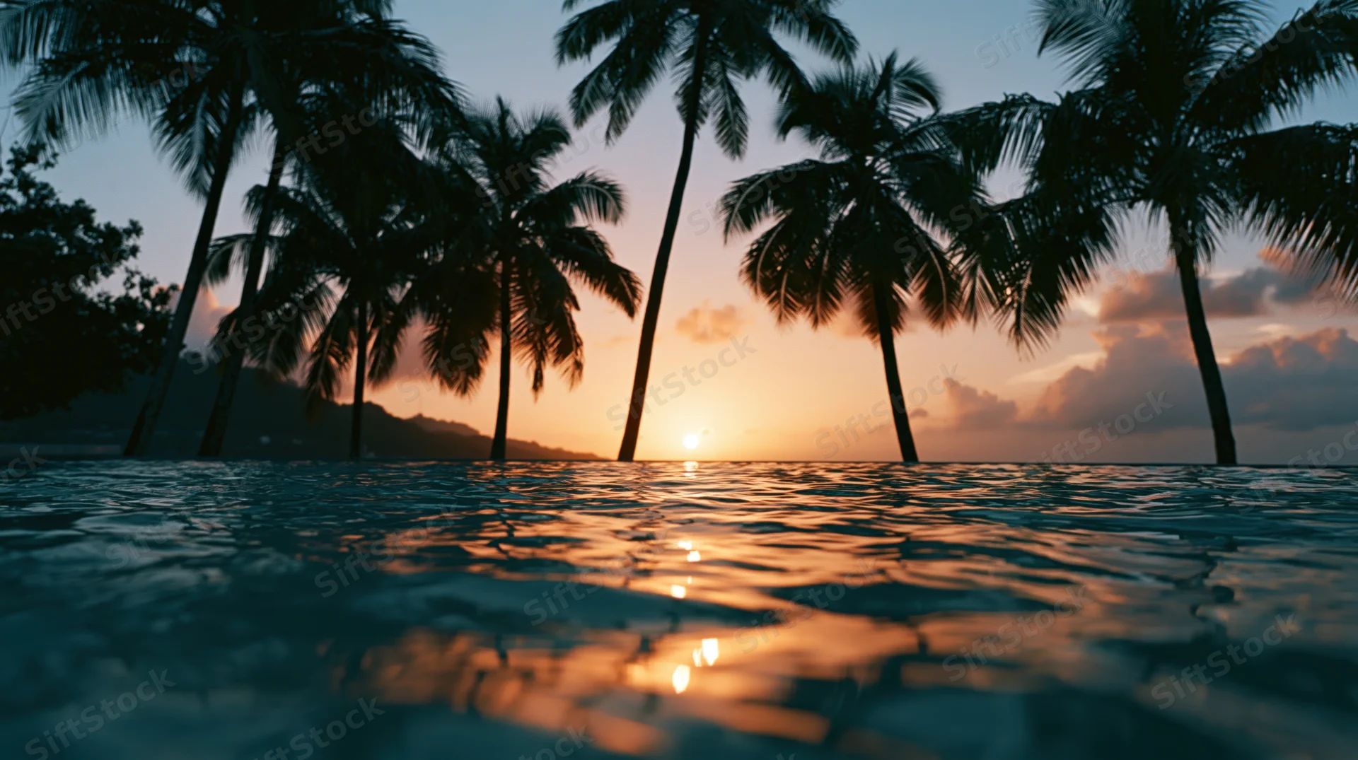 Tropical sunset over ocean with palm tree silhouettes at dusk