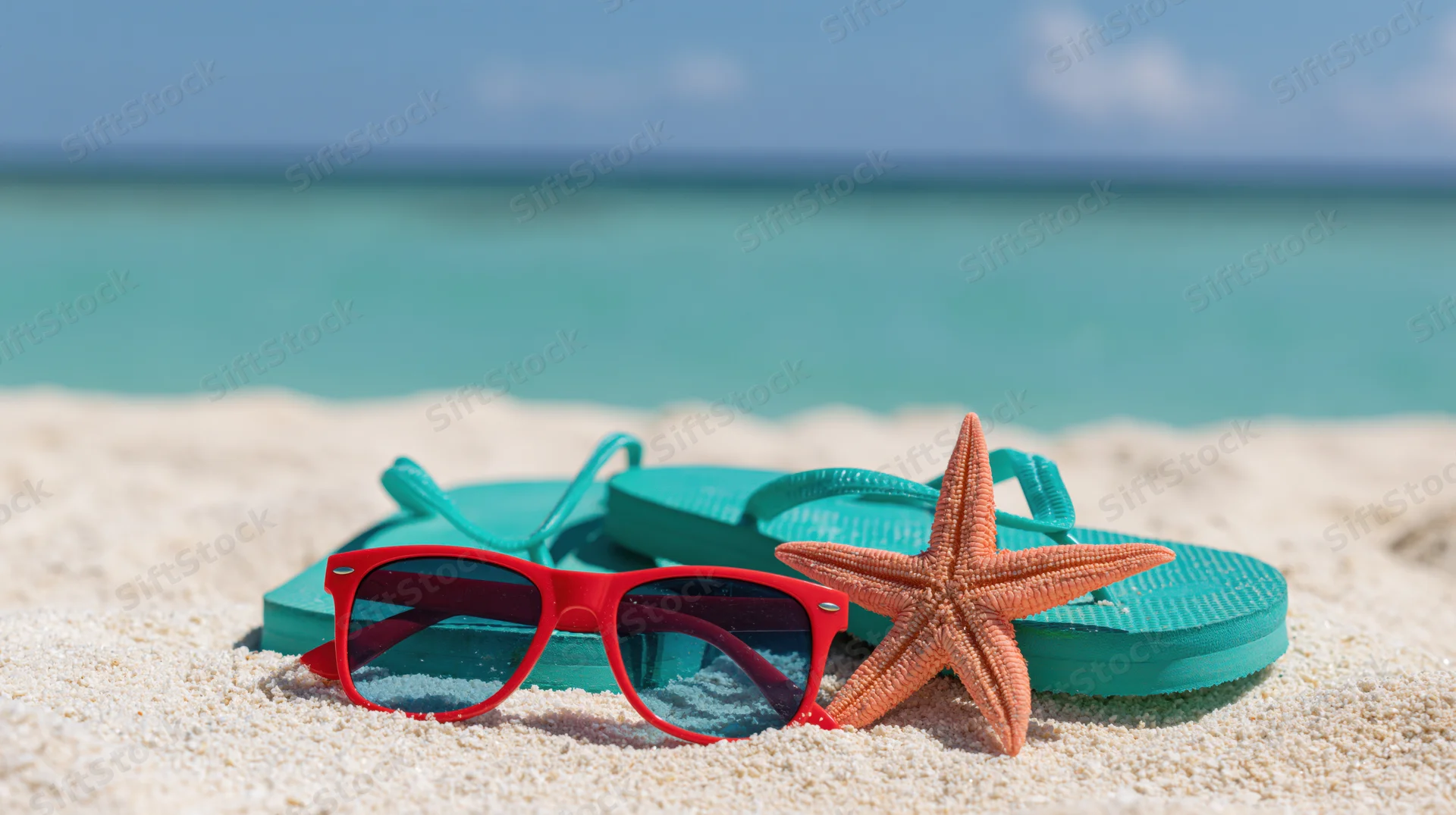 Red-framed sunglasses and teal flip-flops with a starfish on sandy beach near turquoise ocean