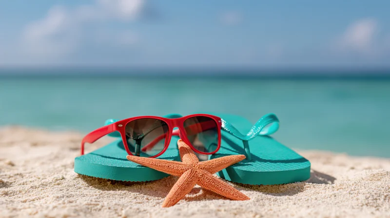 Teal flipflops with red sunglasses and starfish on sandy beach near ocean