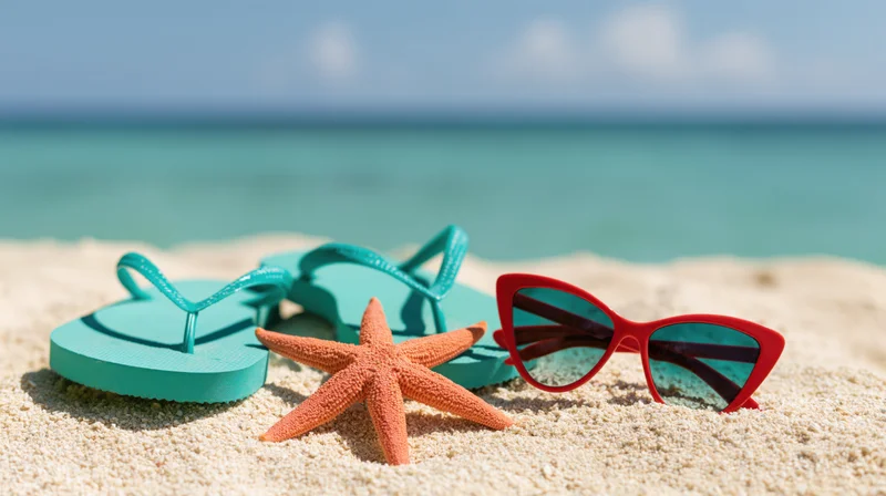 Teal flip-flops, red sunglasses and a starfish resting on sandy beach near ocean