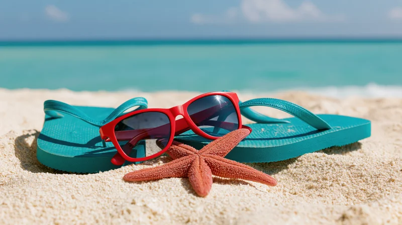Teal flipflops with red sunglasses and a starfish on sandy beach near turquoise ocean