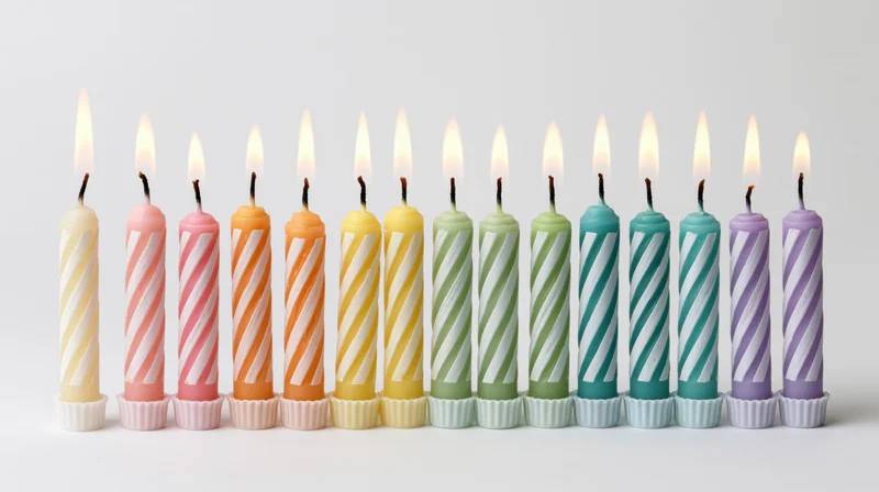 Row of lit colorful birthday candles on white background