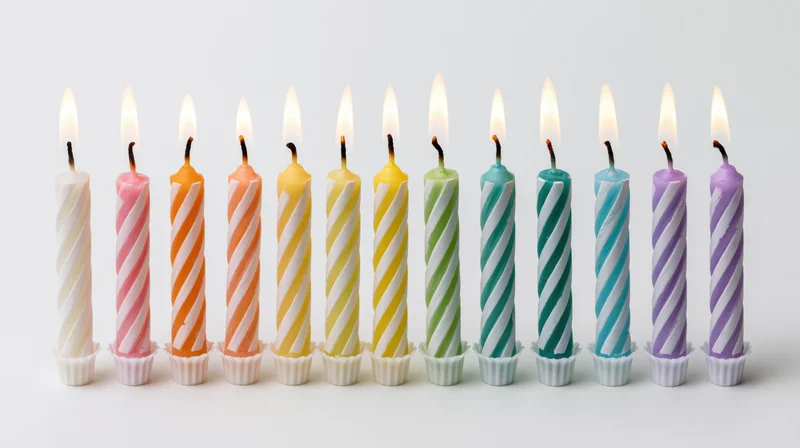 Ten lit birthday candles in a row on a white background
