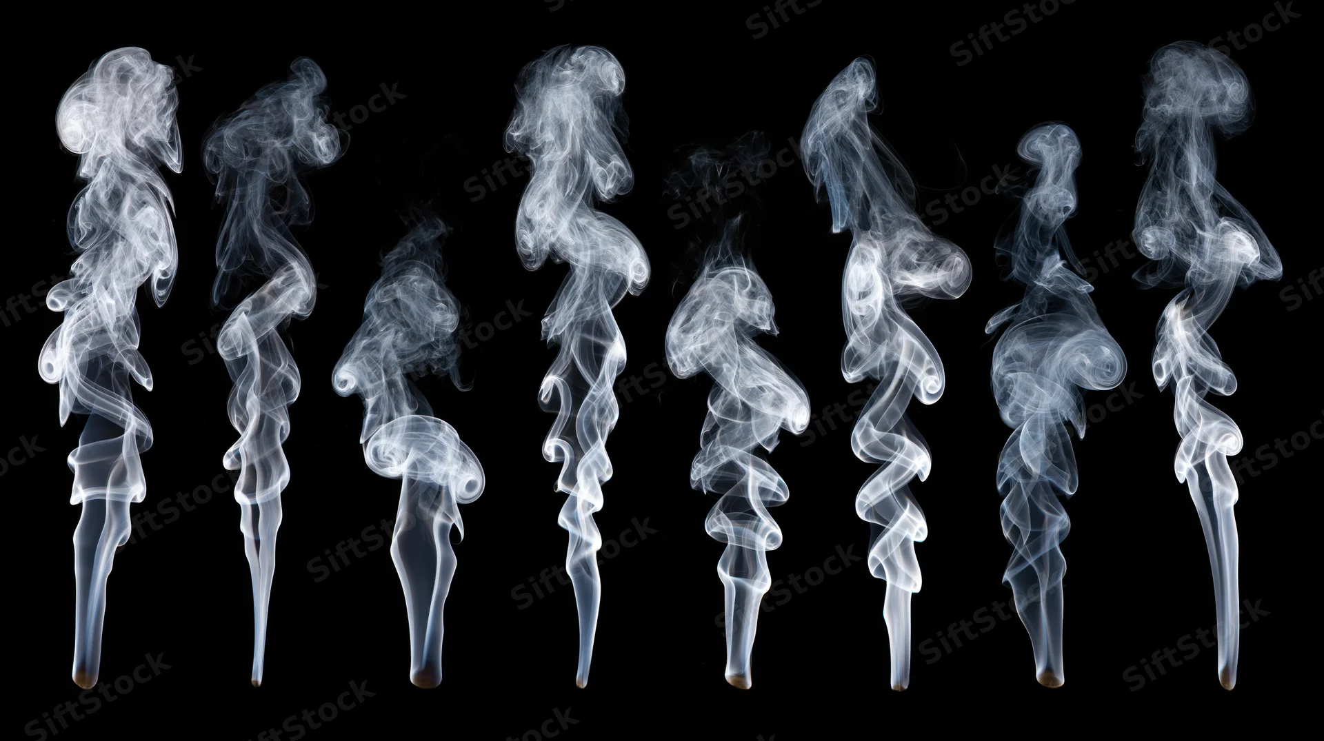 Ten separate wisps of white smoke rising and curling against a black background