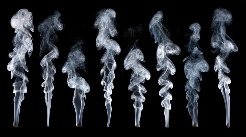 Ten separate wisps of white smoke rising and curling against a black background