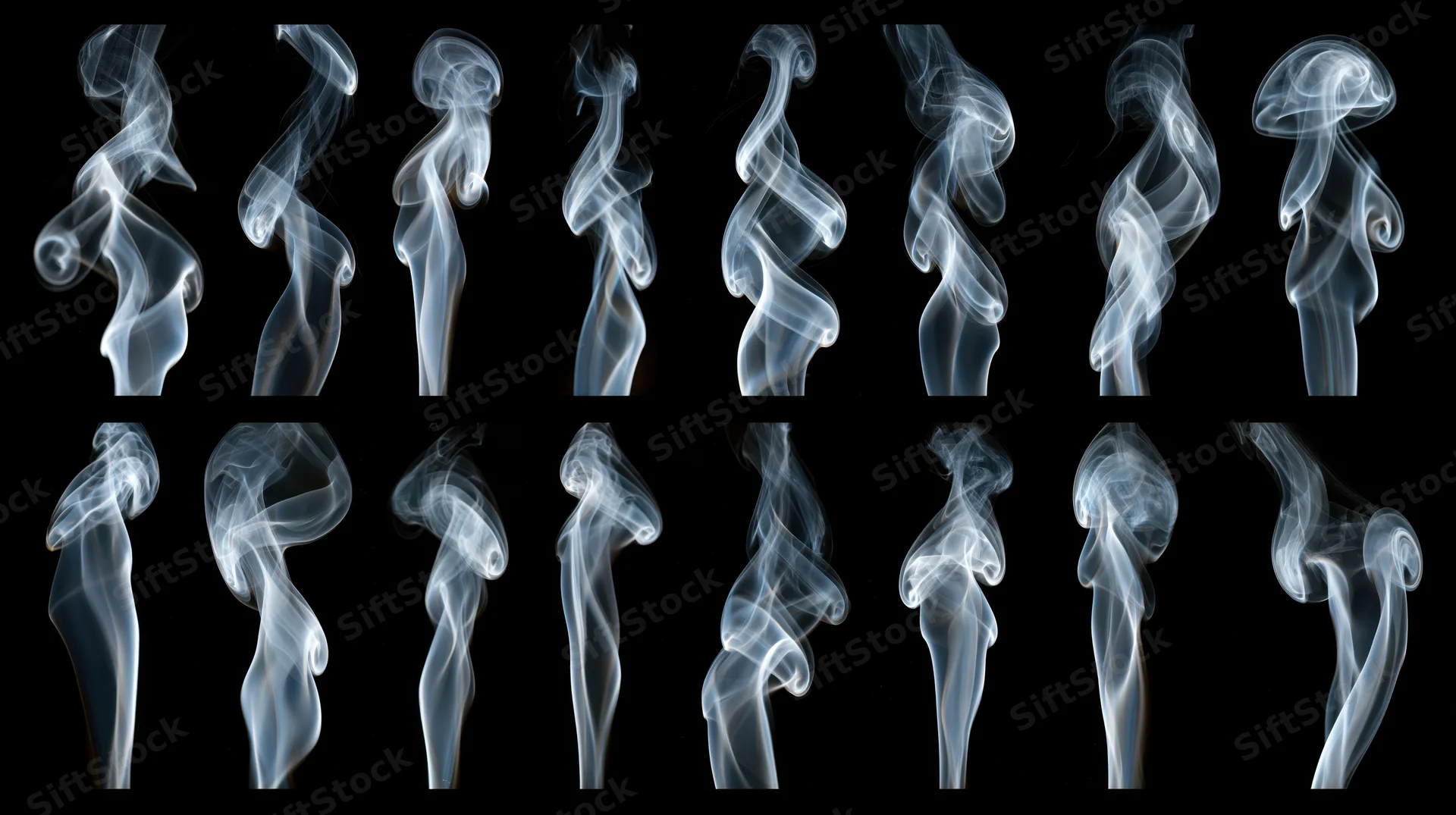 White smoke wisps rising and curling in a grid formation against black background