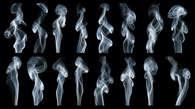 White smoke wisps rising and curling in a grid formation against black background
