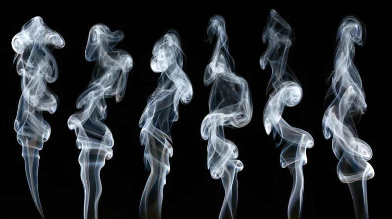 Six wisps of white smoke rising and curling against a black background