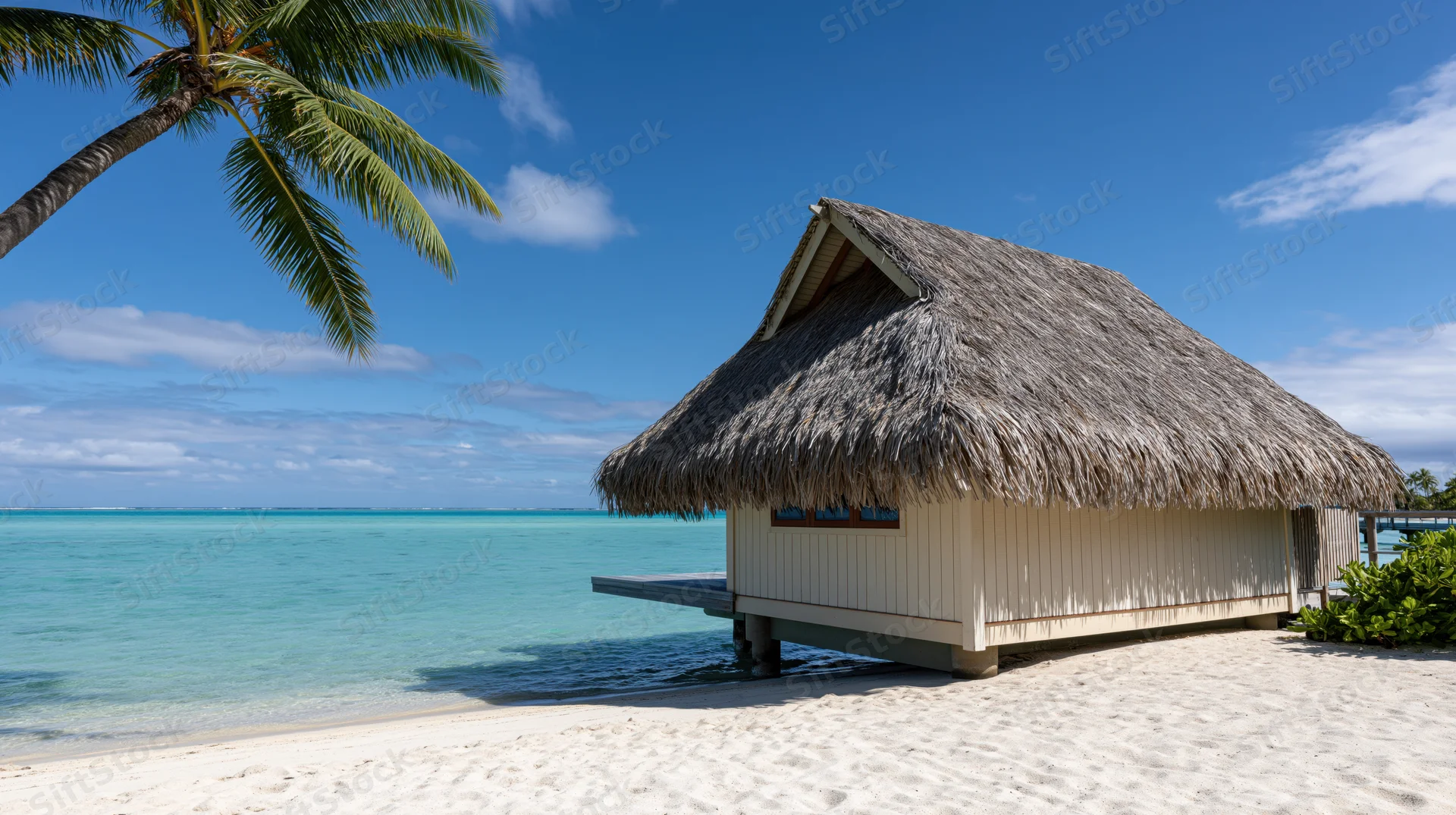 Thatched-roof overwater bungalow on sandy beach beside turquoise ocean under blue sky