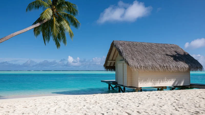 Thatched-roof bungalow on stilts over turquoise water at tropical beach with palm tree and blue sky