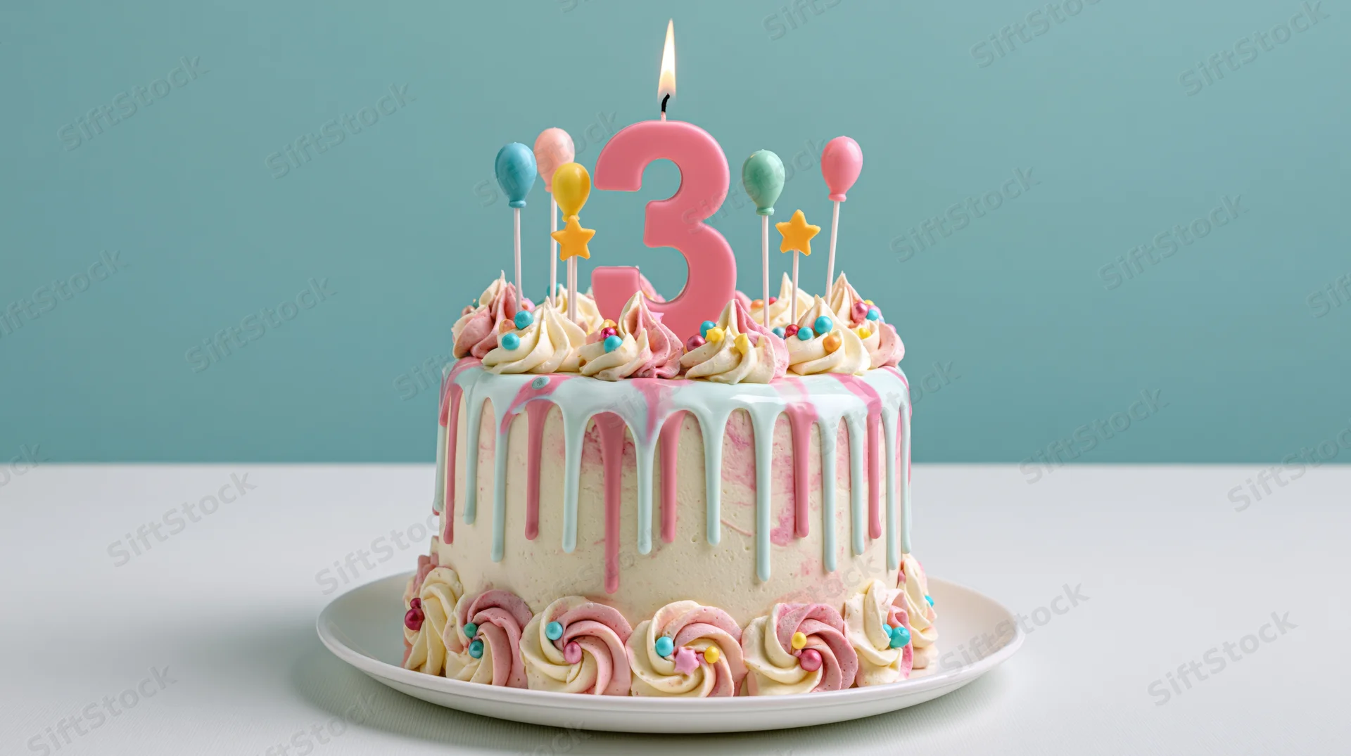 Birthday cake with lit number three candle and colorful decorations on white surface