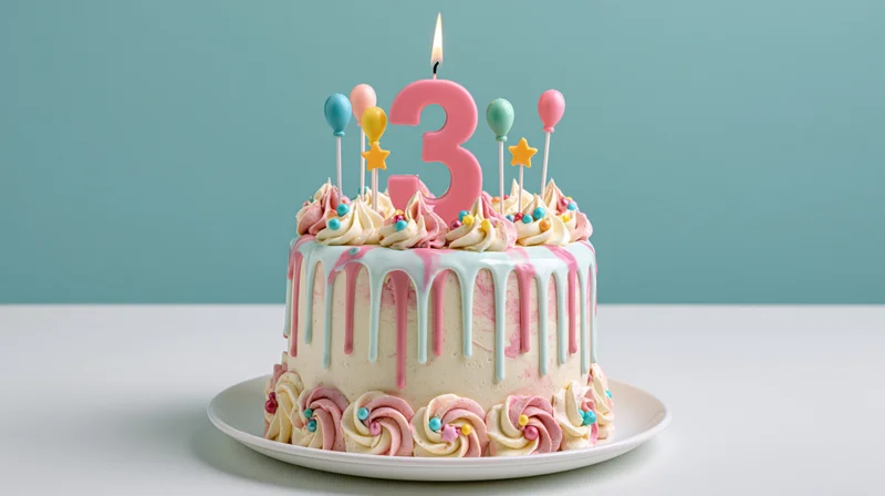 Birthday cake with lit number three candle and colorful decorations on white surface