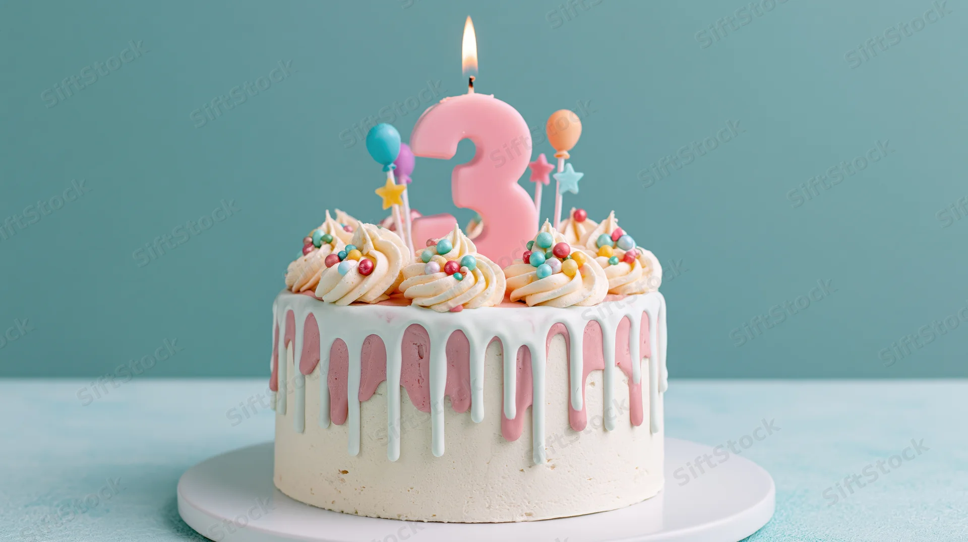 Birthday cake with pink number three candle and drip icing on white plate against teal background